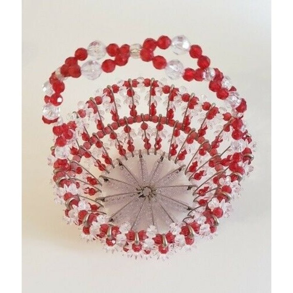 Tramp Art Beaded Safety Pin Crafted Red Clear Beads Basket 10" x 21" round